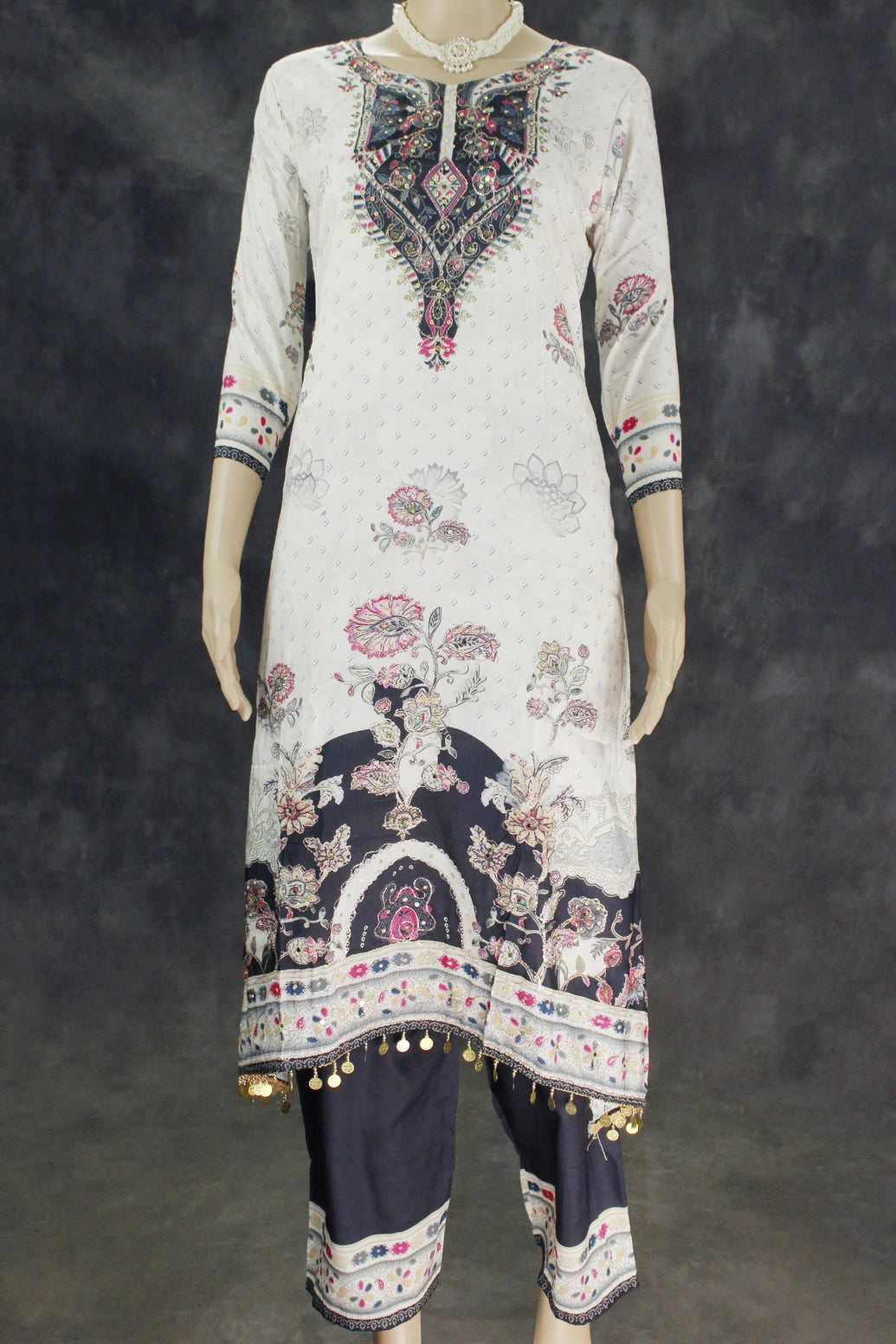 Light Cream Designer Crepe 3-Piece Salwar Suit with Mirror & Stone Work - Kurti, Pant & Cotton Dupatta