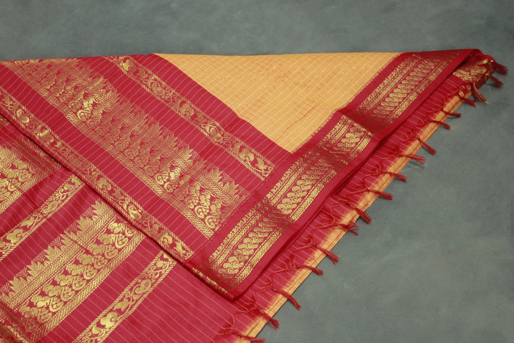 Orange Kalyani Cotton Saree with Zari Checked and Peacock Border and Blouse