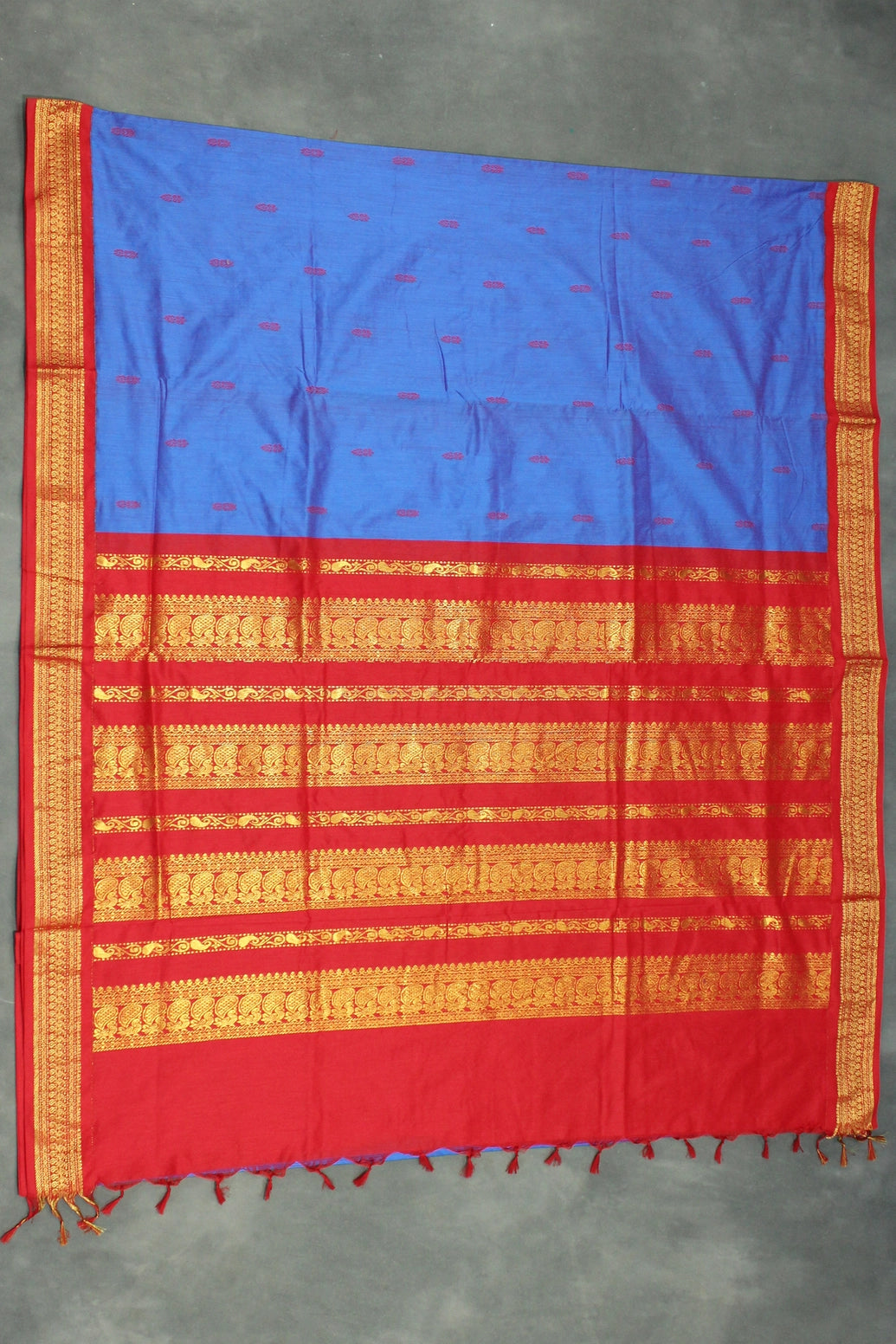 Kalyani Blue Cotton Saree with Red Zari Border & Putta Motifs, Blouse Included Saree JCS Fashions