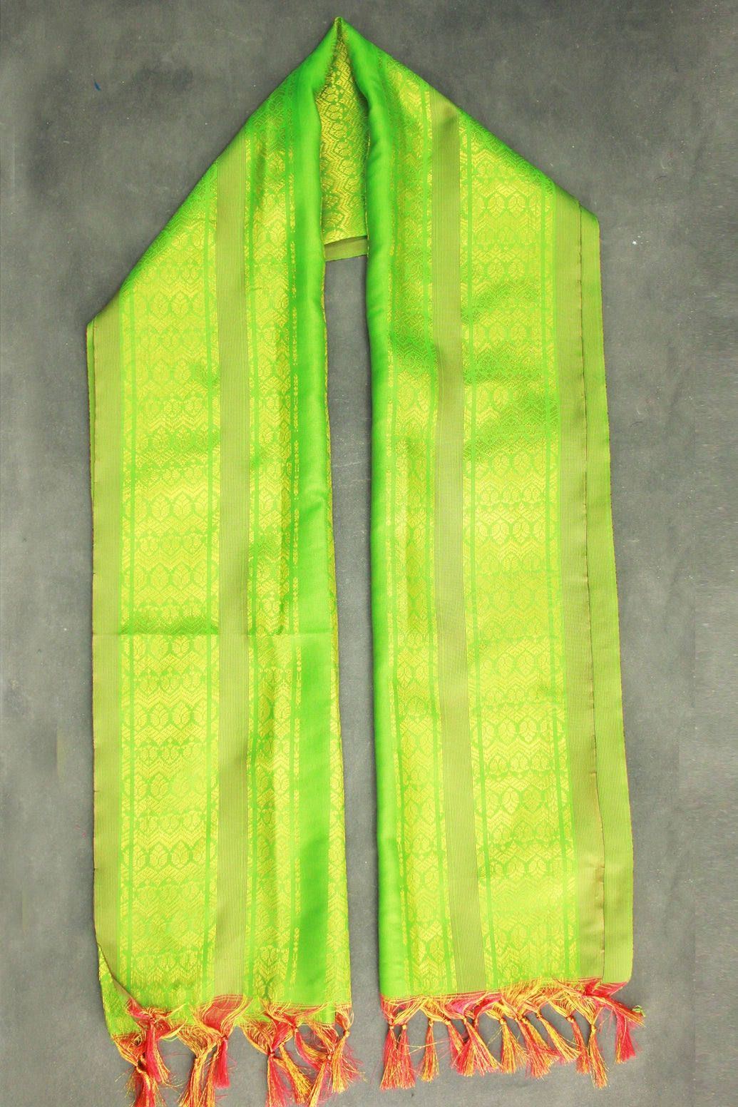 Light Green Ponnadai Poly Silk Jacquard Shawl with Tassels for Temple, Pooja & Functions | Traditional Dupatta