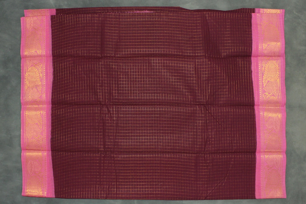 Purple Sungudi Cotton Checked Saree with Pink Peacock Gold Zari Double Border - Unstitched Blouse Included Saree JCS Fashions