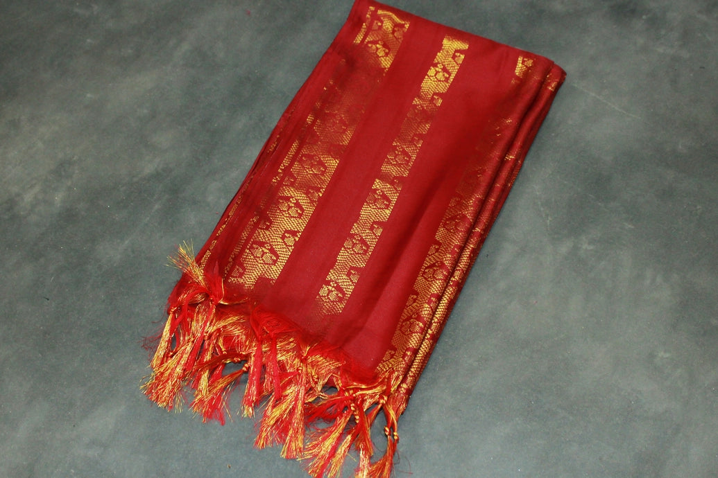 Maroon Ponnadai Poly Silk Jacquard Shawl with Zari Pattern and Tassels | Temple and Function Dupatta