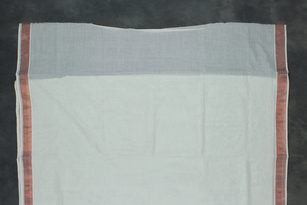 Pure Kerala Cotton White Saree with Copper Zari Peacock & Leaf Embroidery