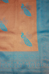 Kubera Pattu Saree Pastel Orange with Big Peacock Motif & Big Zari Border, Semi Silk Saree with Blouse