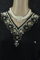 Black Silk 3-Piece Pakistani Salwar Suit with Embroidered V-Neck and Organza Dupatta
