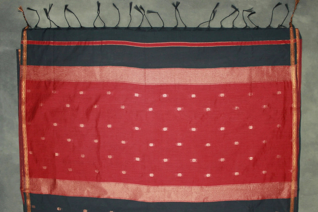 Black Maheswari Silk Cotton Saree with Small Butta and Zari Border, Blouse Piece Included