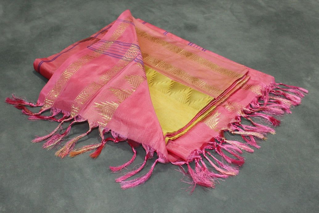 Banana Pith (Vaazhai Naar) Salmon Pink Saree with Gold-Tone Zari Border and Small Butta
