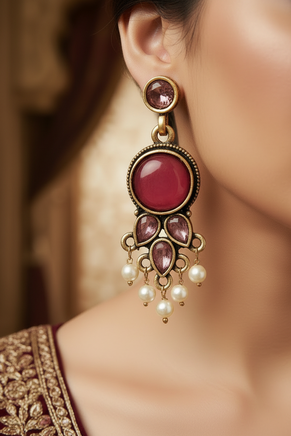 Maroon Gold-Tone Pearl Drop Chandbali Style Earrings - Traditional Indian Fashion Jewellery