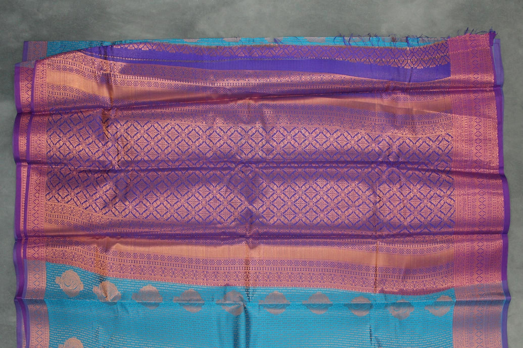 Blue Bridal Kanjivaram Style Pattu Saree with Full Body Zari Work and Contrast Border