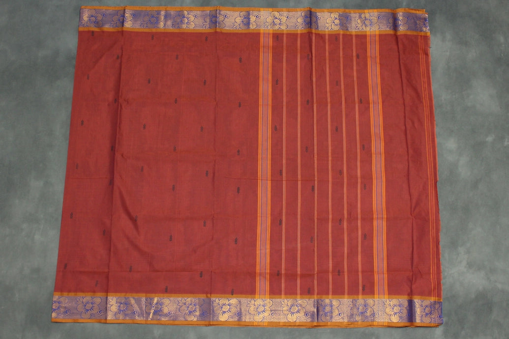 Brown Poly Cotton Butta Saree with Both-Side Zari Floral Border and Striped Pallu Saree JCS Fashions