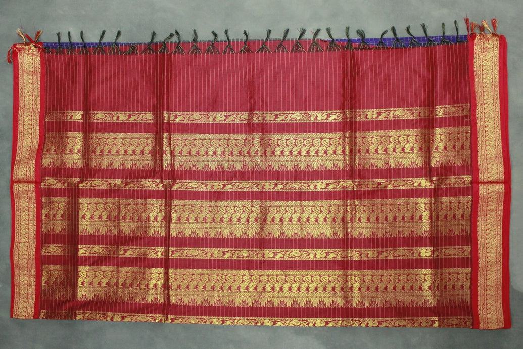 Violet Kalyani Cotton Saree with Zari Checked & Peacock Border and Blouse