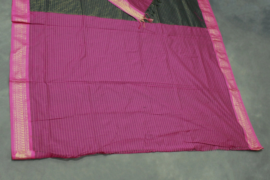 Kalyani Cotton Saree in Black with Zari Checked & Peacock Border and Blouse