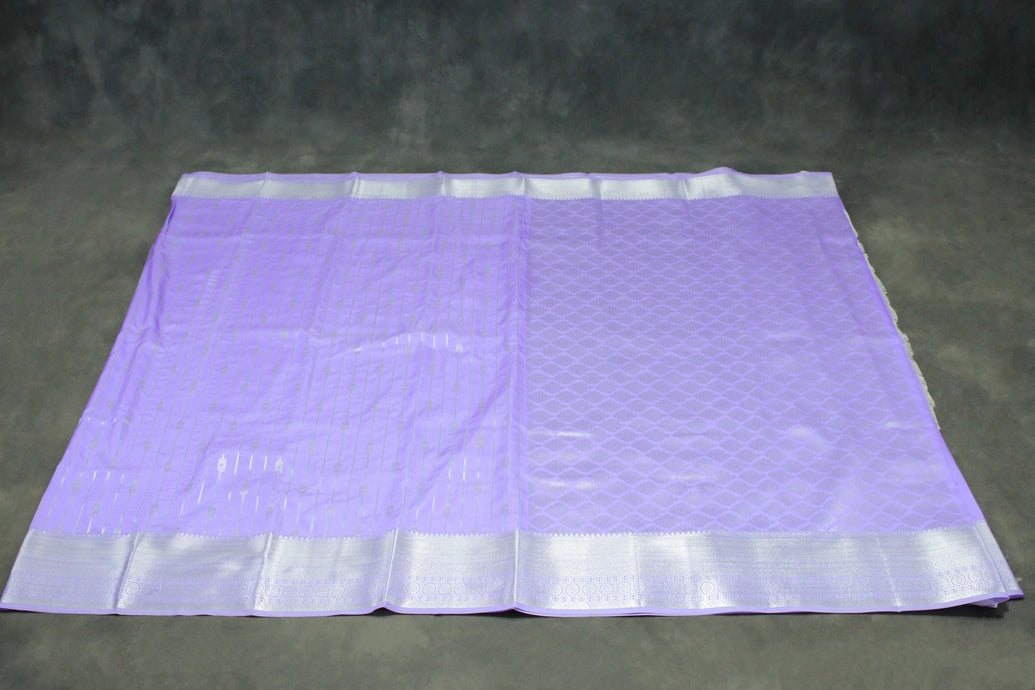 Lavender Bridal Vaira Oosi Soft Silk Saree with Silver Zari Border and Blouse