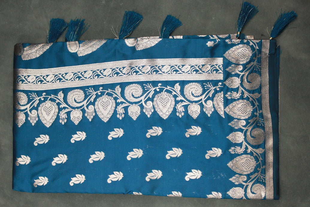 Peacock Blue Banarasi Soft Silk Saree with Zari Floral & Mango Motifs and Rich Border Pallu