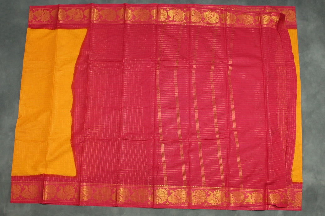 Sungudi Cotton Checked Saree in Yellow with Peacock Gold-Tone Zari Double Border Saree JCS Fashions