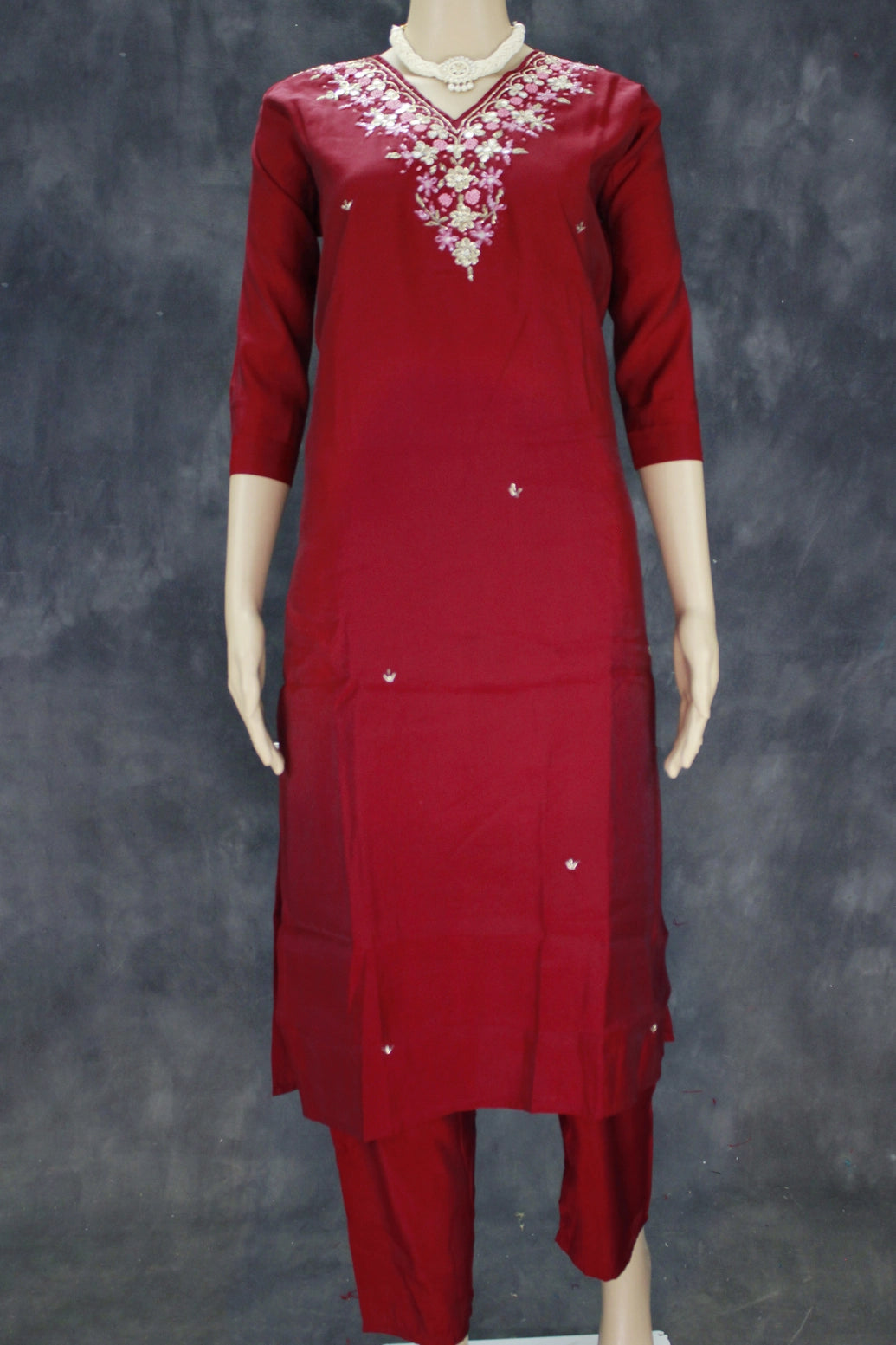 Maroon Silk 3-Piece Salwar Suit - Aari, Mirror & Pearl Embroidery with Organza Printed Dupatta