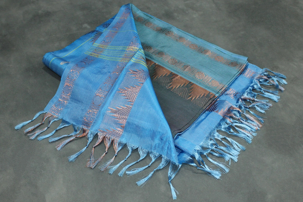 Dark Green Banana Pith (Vaazhai Naar) Saree with Zari Border and Full-Body Butta