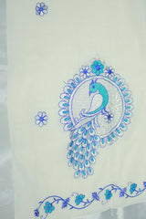 Half White Kerala Cotton Saree with Peacock Embroidery and Silver Zari Thread Work