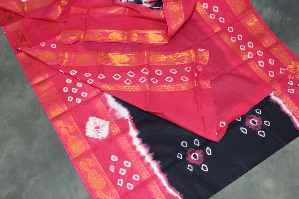 Navy Blue & Pink Sungudi Cotton Bandhani Saree with Golden Zari Border and Instrument Motifs Saree JCS Fashions