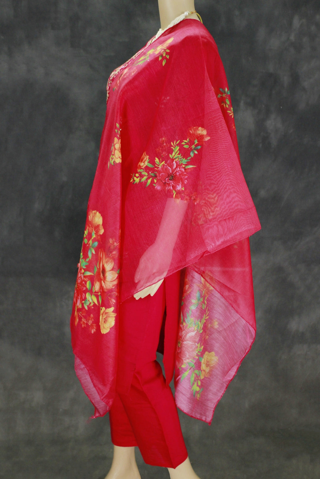 Elegant Dark Pink Roman Silk 3-Piece Kurta Set