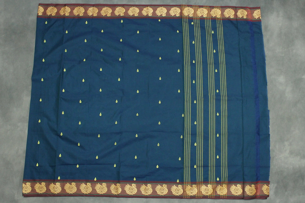 Navy Blue Poly Cotton Butta Saree with Gold-Coloured Thread Temple Border Saree JCS Fashions