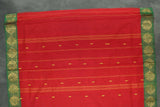 Red Poly Cotton Saree with Green Zari Floral Border and Gold Butta Motifs Saree JCS Fashions
