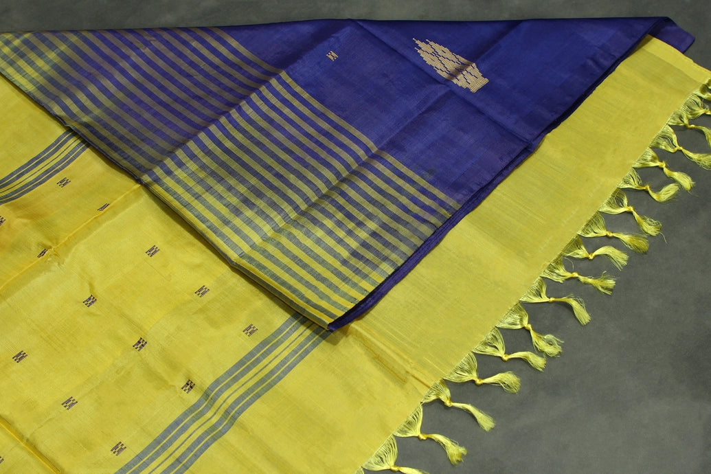 Handwoven Lemon Yellow Vaazhai Naar (Banana Pith) Borderless Saree with Deep Blue Pallu