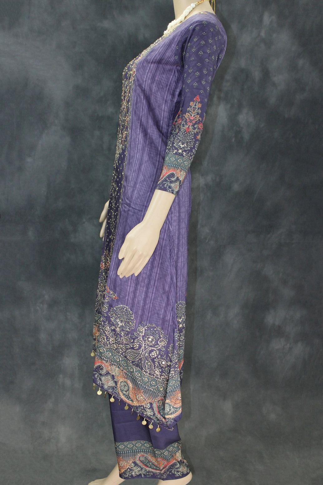 Violet Pakistani-Style 3-Piece Salwar Suit with Crepe Kurti, Cotton Dupatta & Coin Hangings