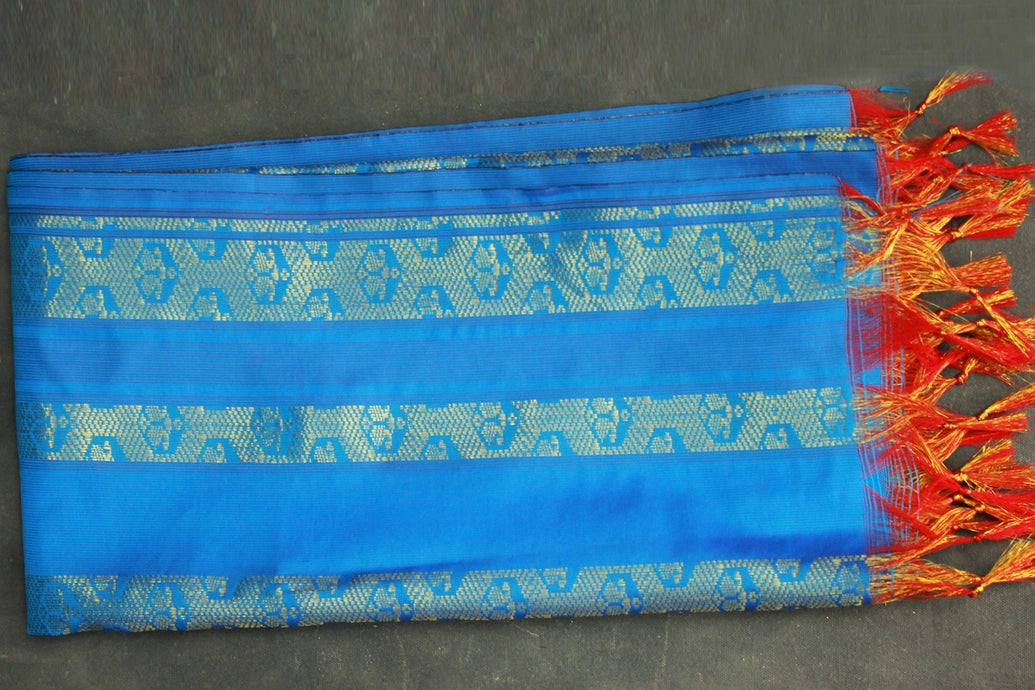 Blue Ponnadai Poly Silk Jacquard Temple Shawl with Zari Pattern & Tassels | Traditional 2m Function Dupatta