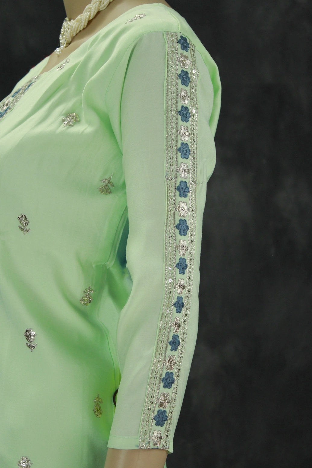 Beautiful Cotton 3 piece set, Pant with Elastic and shawl. blue and gold floral embroidery and sequin embellishments, Soft chiffon fabric Du