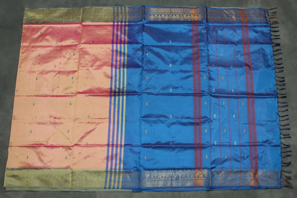 Blue Vaazhai Naar (Banana Pith) Saree with Zari Design Border, Small Butta and Blouse Piece