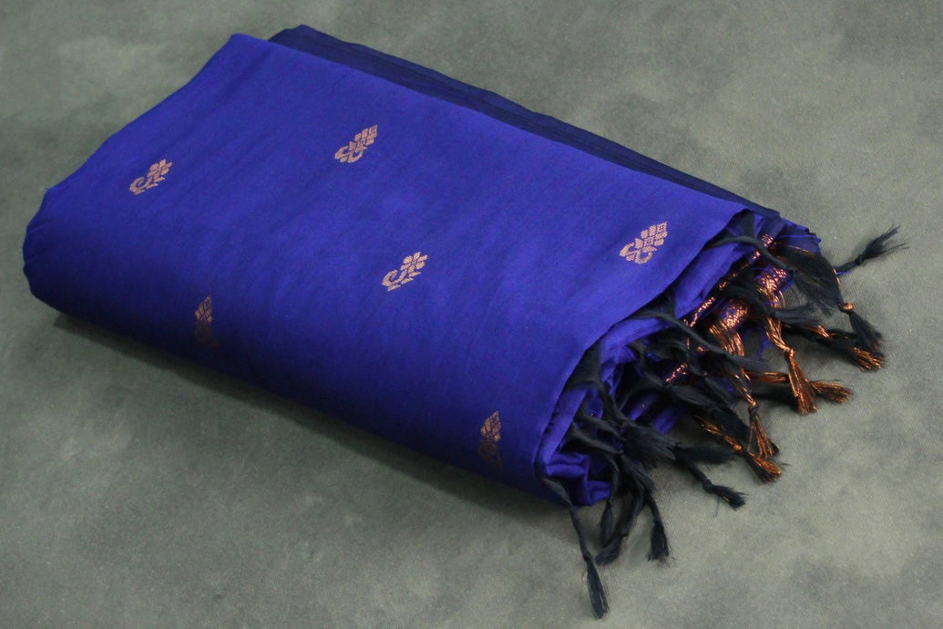 Navy Blue Kalyani Cotton Saree with Putta Design and Zari Border with Blouse