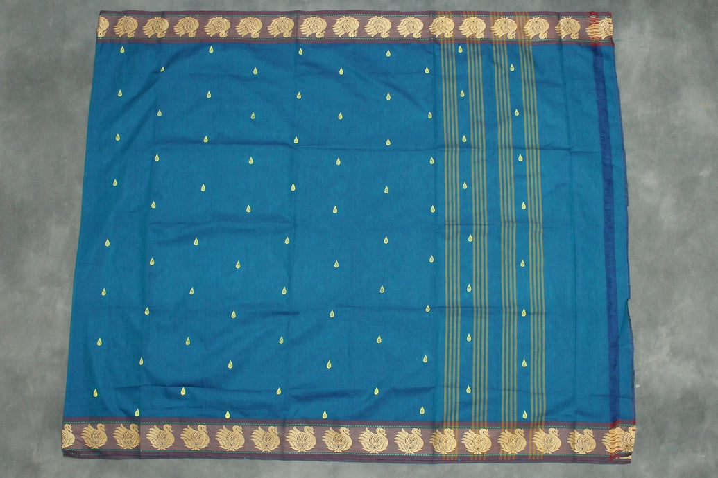 Rama Blue & Yellow Poly Cotton Butta Saree with Thread Border Saree JCS Fashions