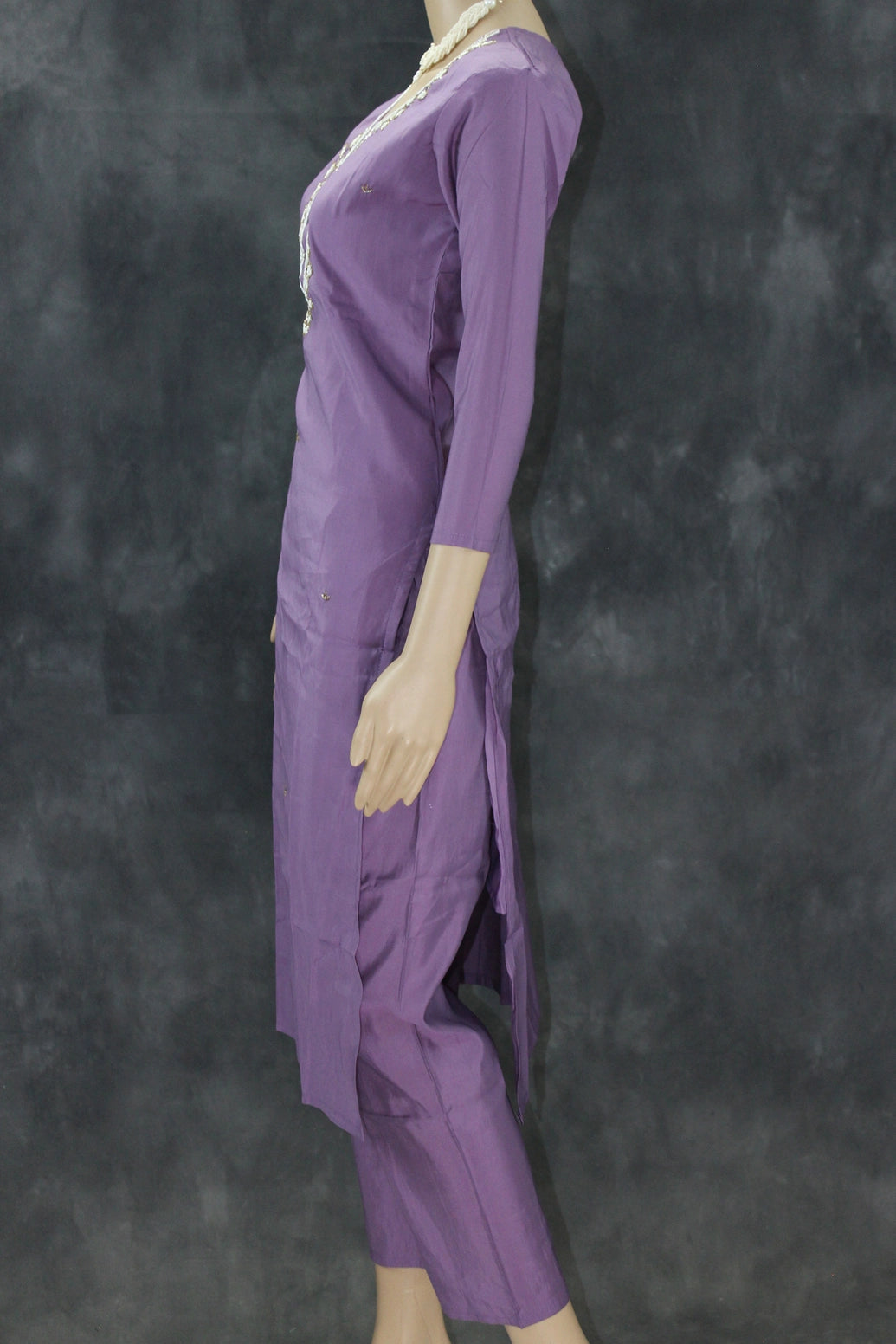 Lavender Roman Silk 3-Piece Salwar Suit with Organza Floral Digital Dupatta and Aari Pearl Neckwork Kurti JCS Fashions