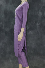 Lavender Roman Silk 3-Piece Salwar Suit with Organza Floral Digital Dupatta and Aari Pearl Neckwork Kurti JCS Fashions