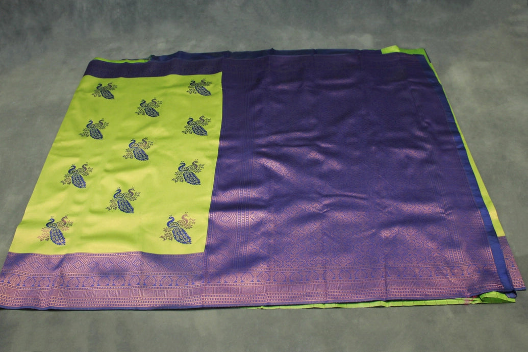 Kubera Pattu Saree - Big zari border - Peacock design big motif - Saree comes with blouse