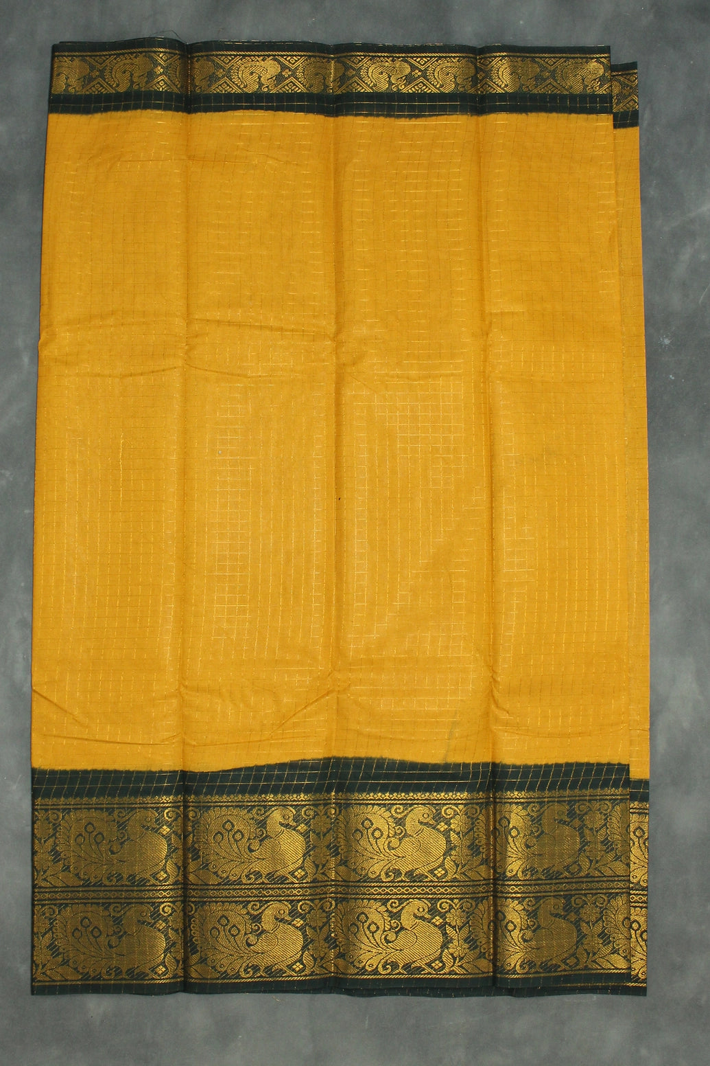Mustard Yellow Sungudi Cotton Saree with Peacock Gold Zari Double Border