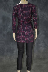Purple Cotton Floral Kurti Set - 2 Piece Kurta with Elastic Pants