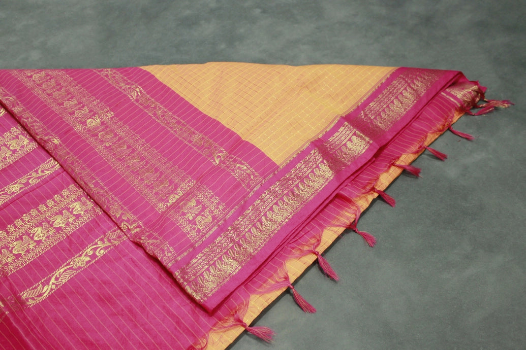 Kalyani Cotton Saree in Orange with Zari Checked & Zari Peacock Border and Blouse Piece