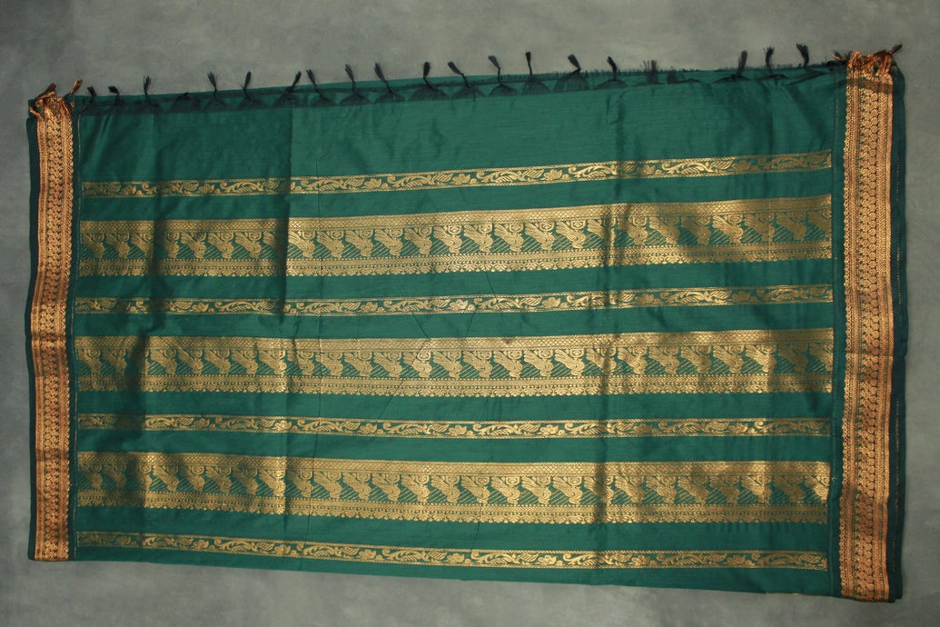 Green Kalyani Cotton Saree with Putta Design and Zari Border, Includes Blouse