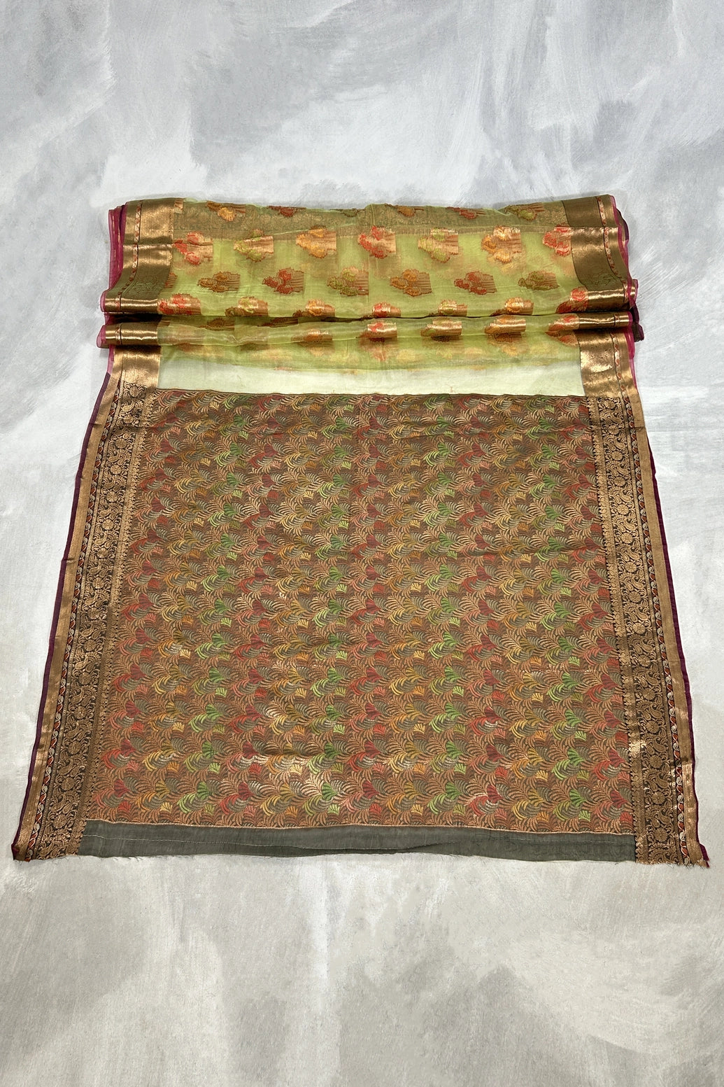 Green Cotton Oraganza Designer Saree with Grand Pallu, Zari Weaving Border & Blouse Piece