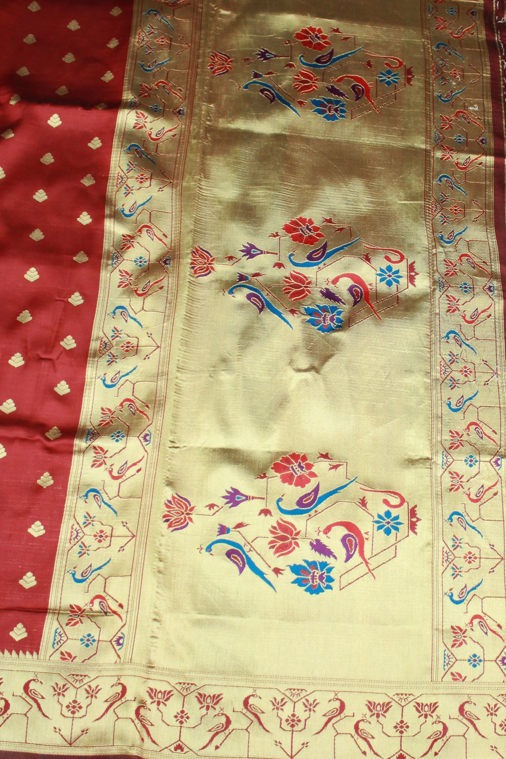 Maroon Paithani Pure Silk Saree Peacock Pallu Zari Woven Design Border With Butti