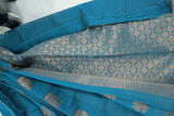 Peacock Blue Silk Cotton Saree with Zari Border, Borderless Design and Matching Blouse Piece