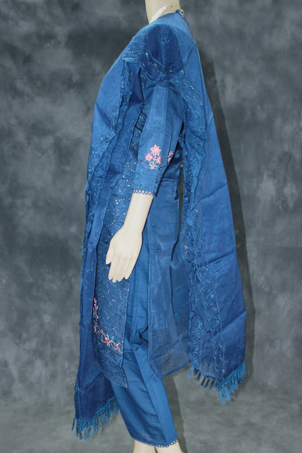 Navy Blue 3-Piece Organza Kurti Set with Khatli Work, V-Neck Embroidery & Sequins, Suit Bottom & Border Dupatta