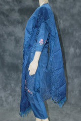 Navy Blue 3-Piece Organza Kurti Set with Khatli Work, V-Neck Embroidery & Sequins, Suit Bottom & Border Dupatta