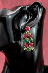 Maroon & Red Gold-Tone Teardrop Leaf Earrings with Antique Finish for Festive Wear Jewelry JCS Fashions