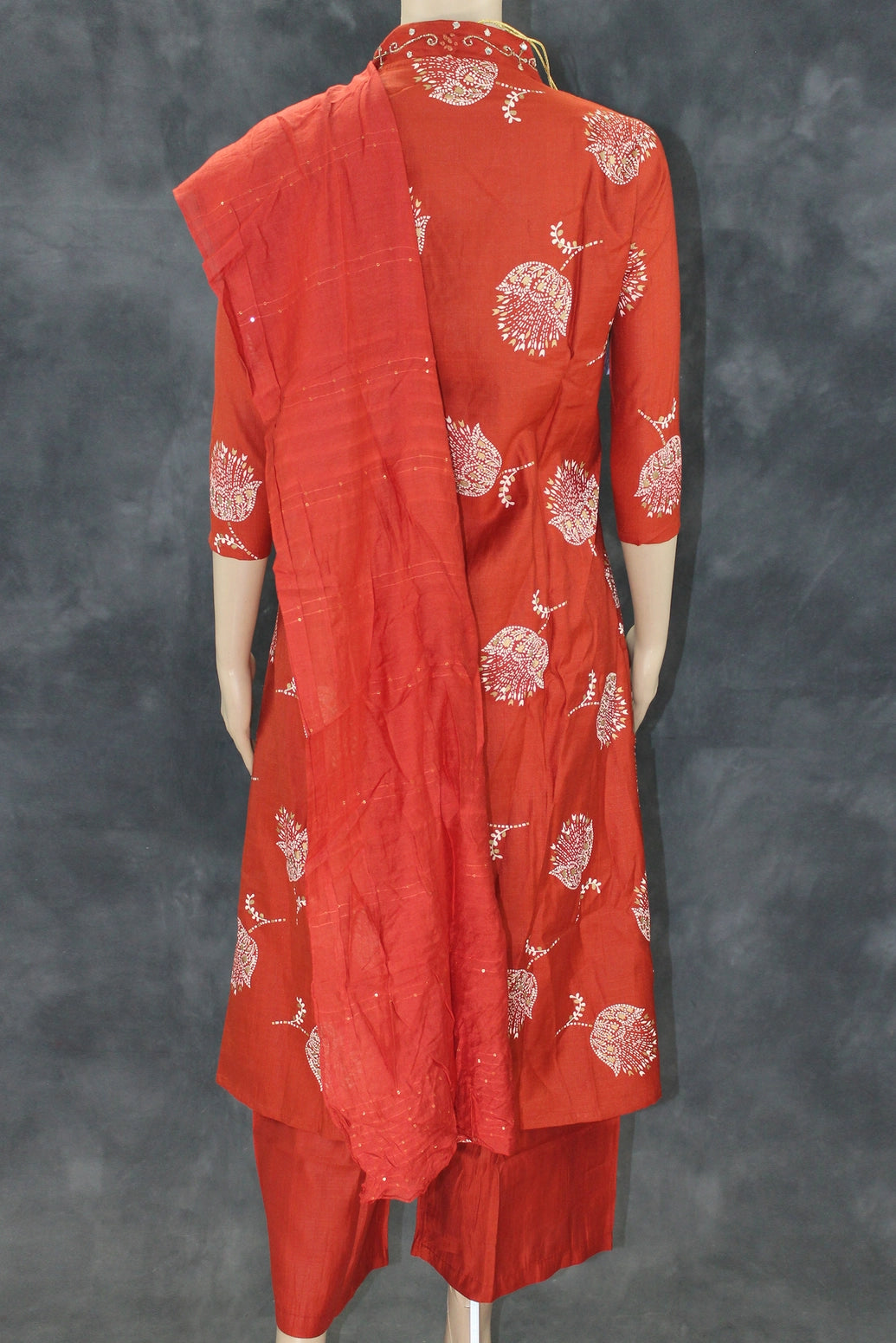 Orange Embroidered Cotton 3-Piece Kurti Set with Elasticated Pant & Chiffon Dupatta Kurti JCS Fashions