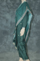 Dark Green Roman Silk 3-Piece Kurti Set with Elastic Pant, Side Pocket & Digital Dupatta