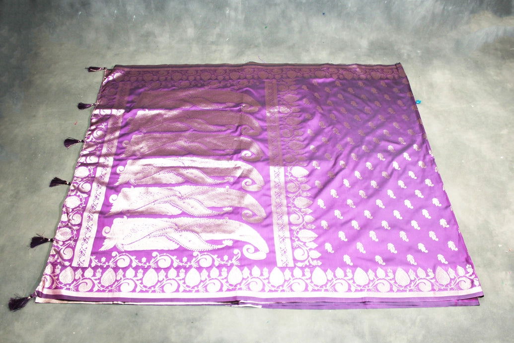 Purple Banarasi Soft Silk Saree with Zari Floral & Mango Motifs and Detailed Border Tassels