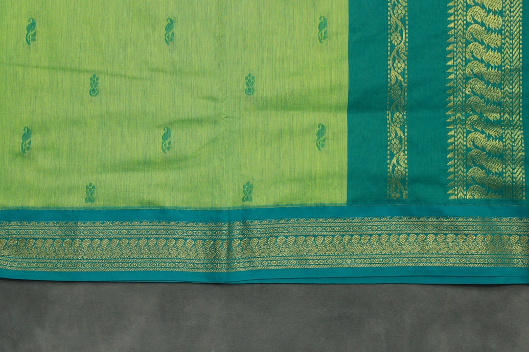 Kalyani Cotton Saree with Zari Border and Putta Motifs, Light Green Teal Pallu Saree JCS Fashions